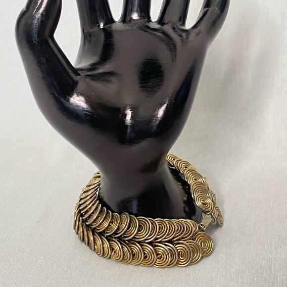 Brutalist Bracelet Bronze Geometric Entwined Wire Circles Fold Over Clasp - Picture 1 of 11